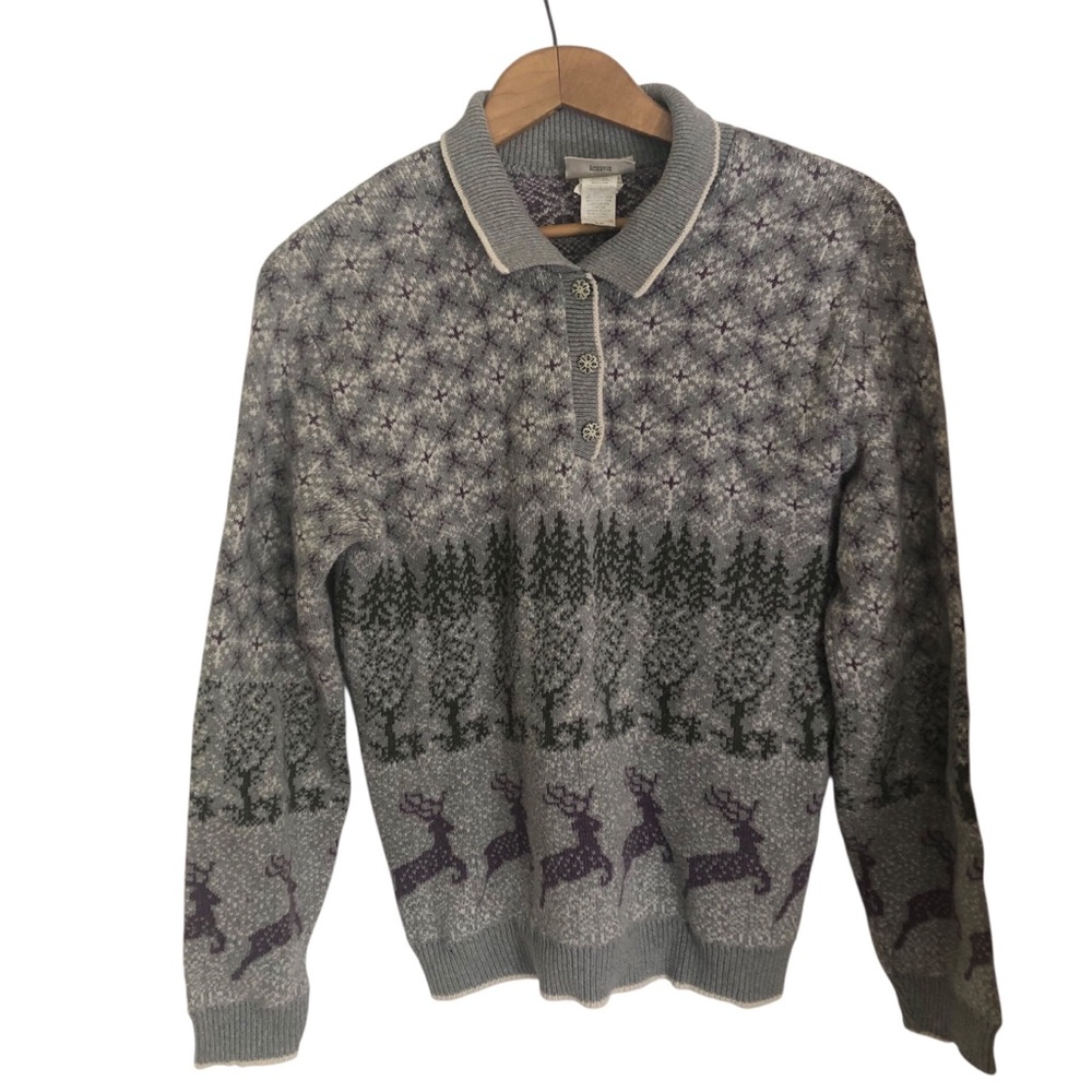 Holiday 100% Cotton Gray Patterned Polo Sweater with Reindeer and Forest Motif